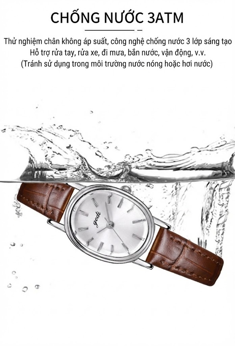 Đồng Hồ Nữ Dây Da Thật Mặt Oval Thiết Kế Tinh Tế Màu Đen, Nâu, Vàng, Bạc chi tiết 6