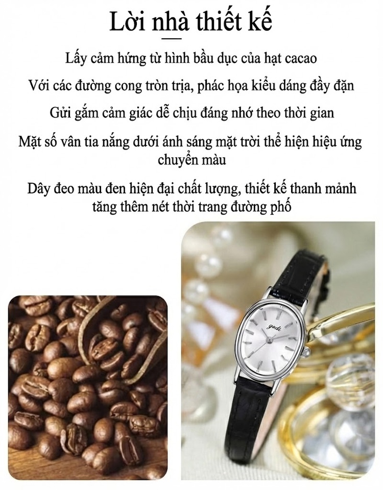 Đồng Hồ Nữ Dây Da Thật Mặt Oval Thiết Kế Tinh Tế Màu Đen, Nâu, Vàng, Bạc chi tiết 7