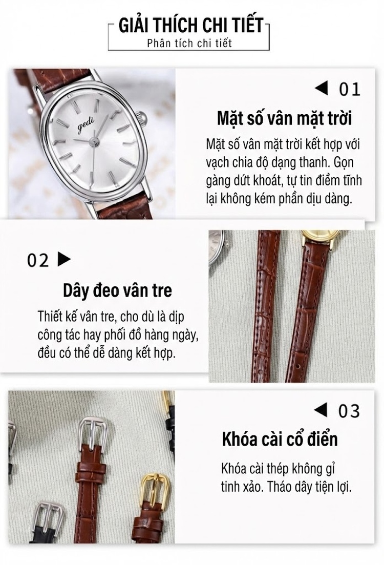 Đồng Hồ Nữ Dây Da Thật Mặt Oval Thiết Kế Tinh Tế Màu Đen, Nâu, Vàng, Bạc chi tiết 8