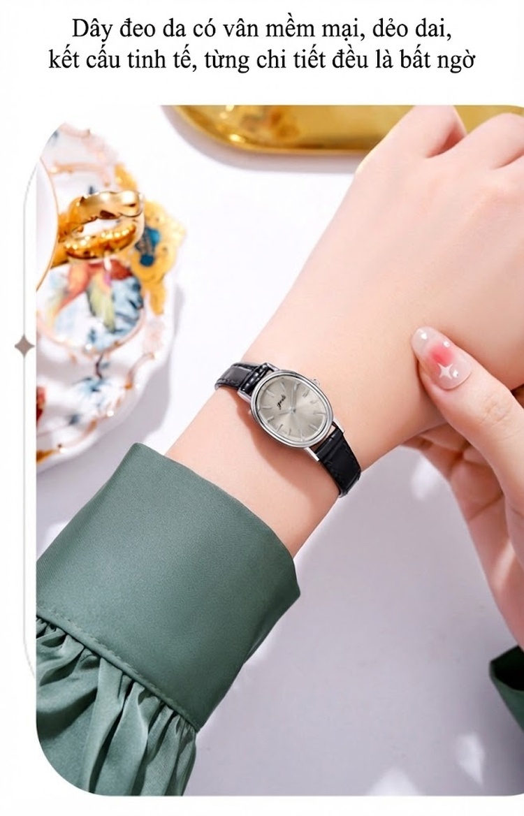 Đồng Hồ Nữ Dây Da Thật Mặt Oval Thiết Kế Tinh Tế Màu Đen, Nâu, Vàng, Bạc chi tiết 10