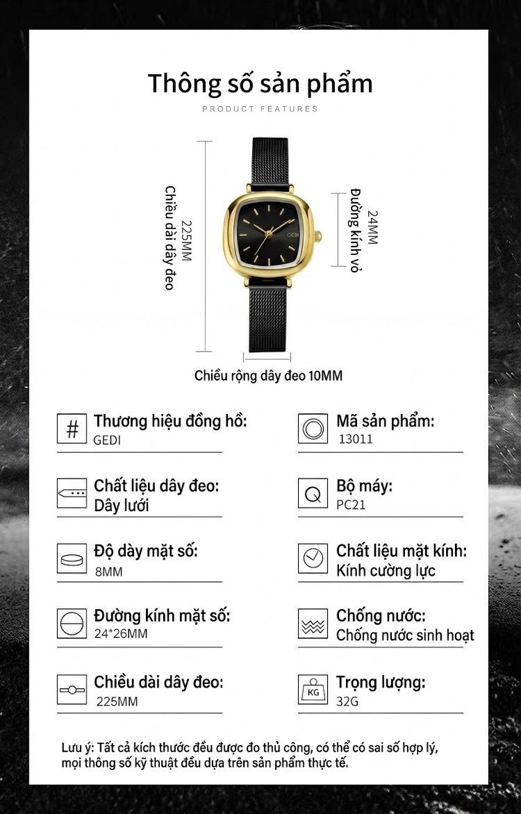 Đồng Hồ Nữ Dây Lưới Mặt Vuông Phong Cách Hàn Quốc Màu Đen, Vàng, Bạc, Hồng... chi tiết 4
