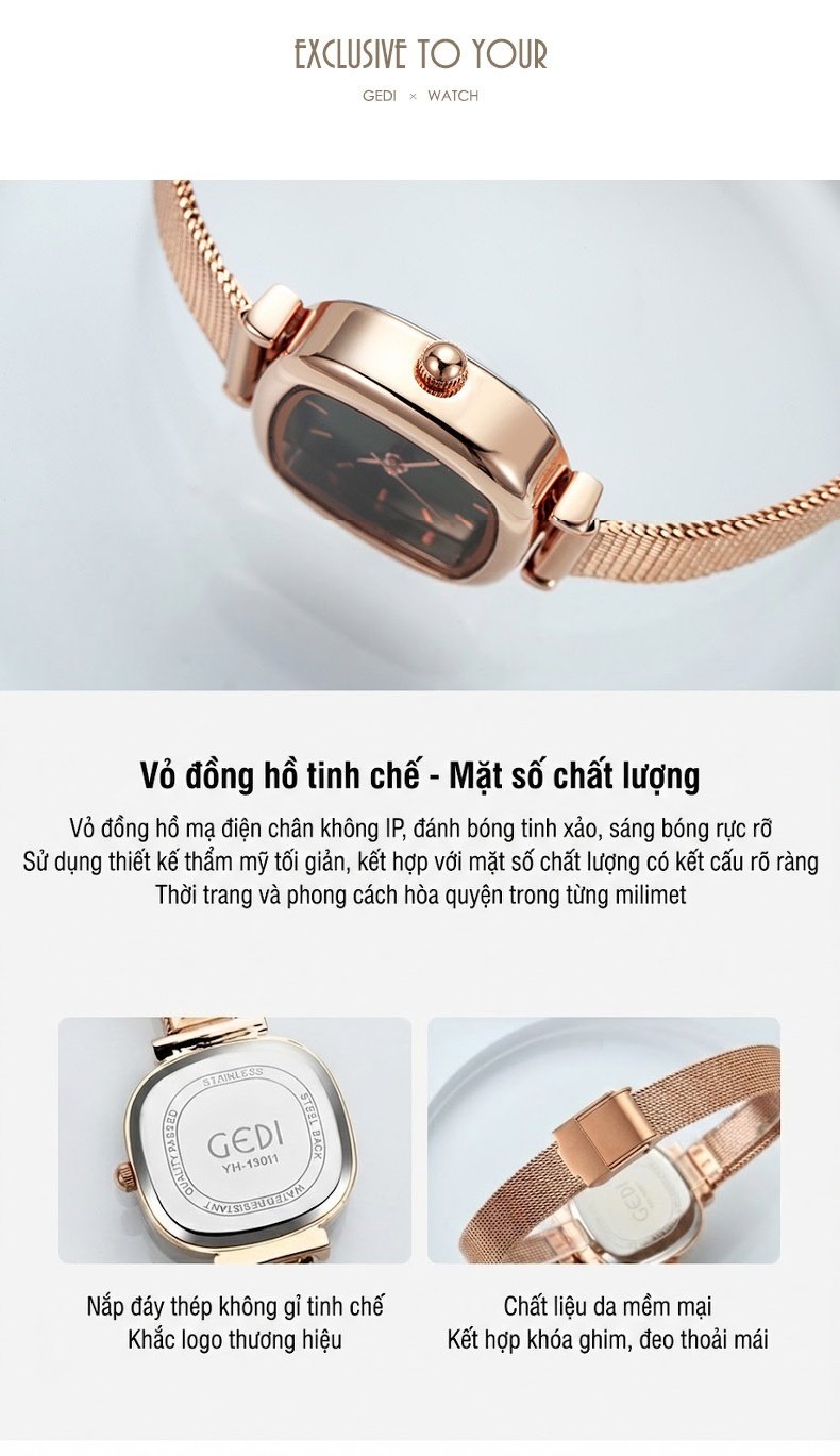 Đồng Hồ Nữ Dây Lưới Mặt Vuông Phong Cách Hàn Quốc Màu Đen, Vàng, Bạc, Hồng... chi tiết 12