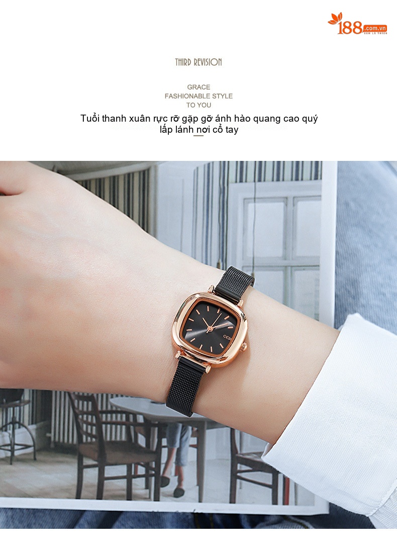 Đồng Hồ Nữ Dây Lưới Mặt Vuông Phong Cách Hàn Quốc Màu Đen, Vàng, Bạc, Hồng... chi tiết 7