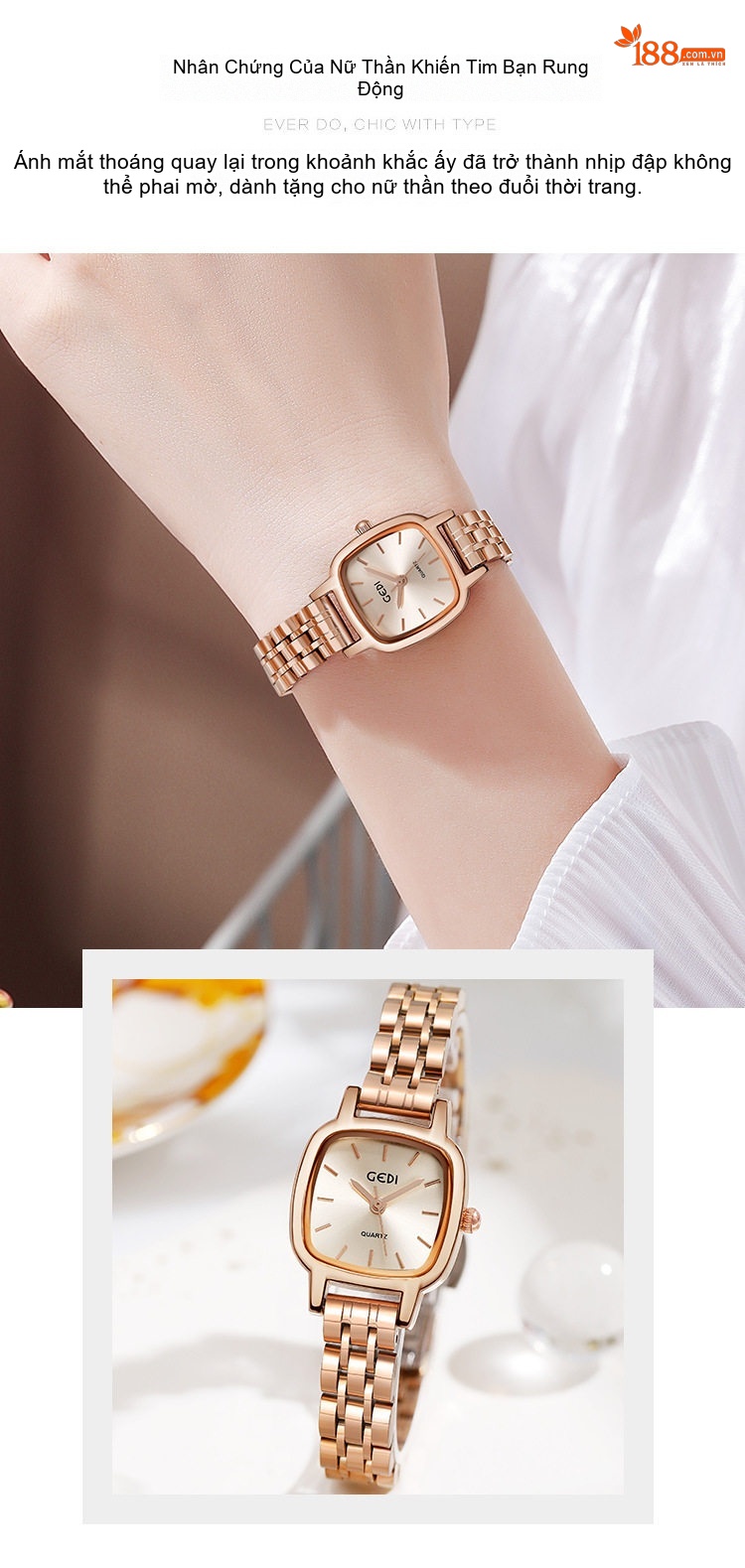 Đồng Hồ Nữ GEDI Dây Kim Loại Mặt Vuông Phong Cách Tiểu Thư Màu Bạc, Vàng, Hồng... chi tiết 4
