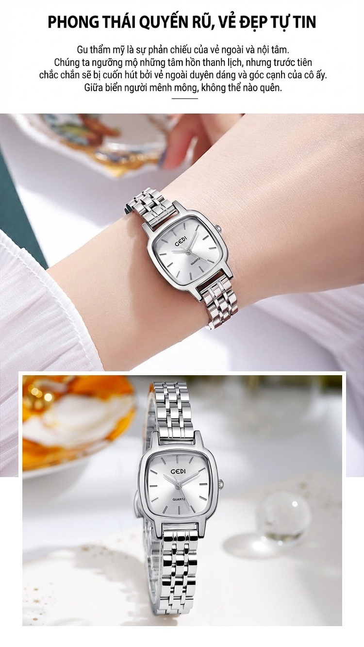 Đồng Hồ Nữ GEDI Dây Kim Loại Mặt Vuông Phong Cách Tiểu Thư Màu Bạc, Vàng, Hồng... chi tiết 7