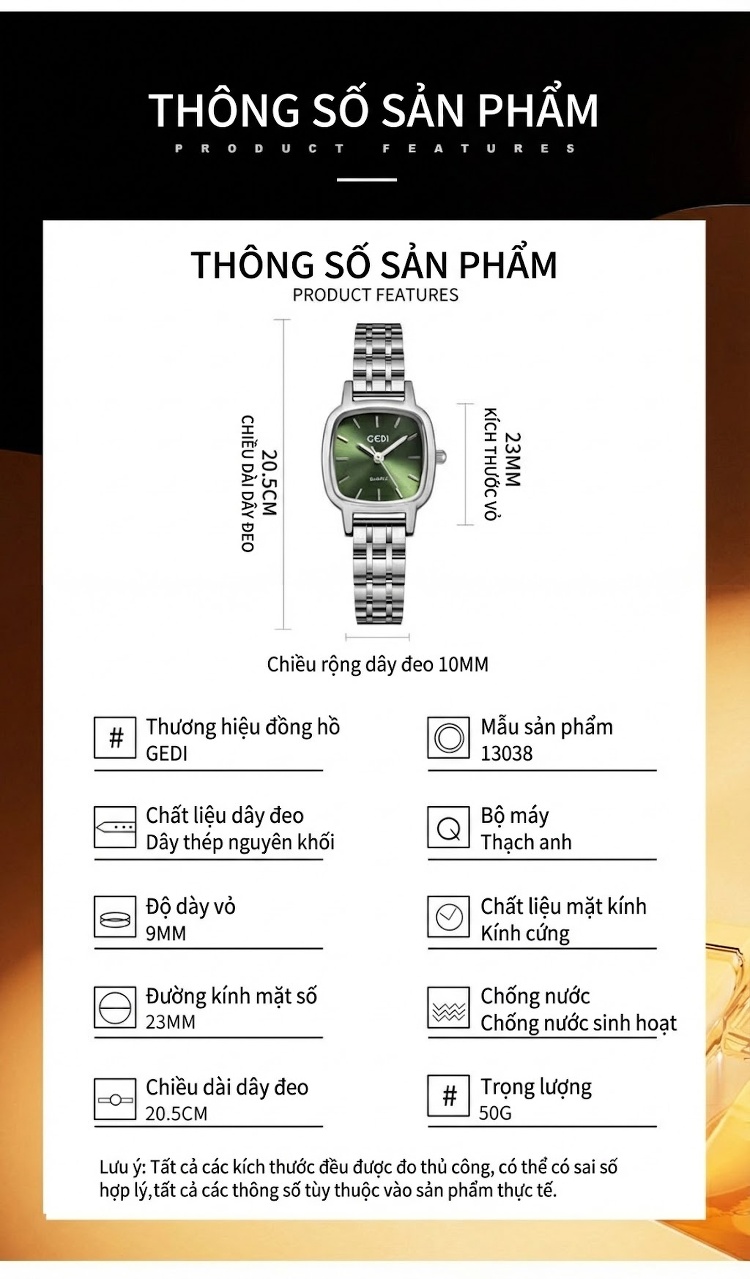 Đồng Hồ Nữ GEDI Dây Kim Loại Mặt Vuông Phong Cách Tiểu Thư Màu Bạc, Vàng, Hồng... chi tiết 10