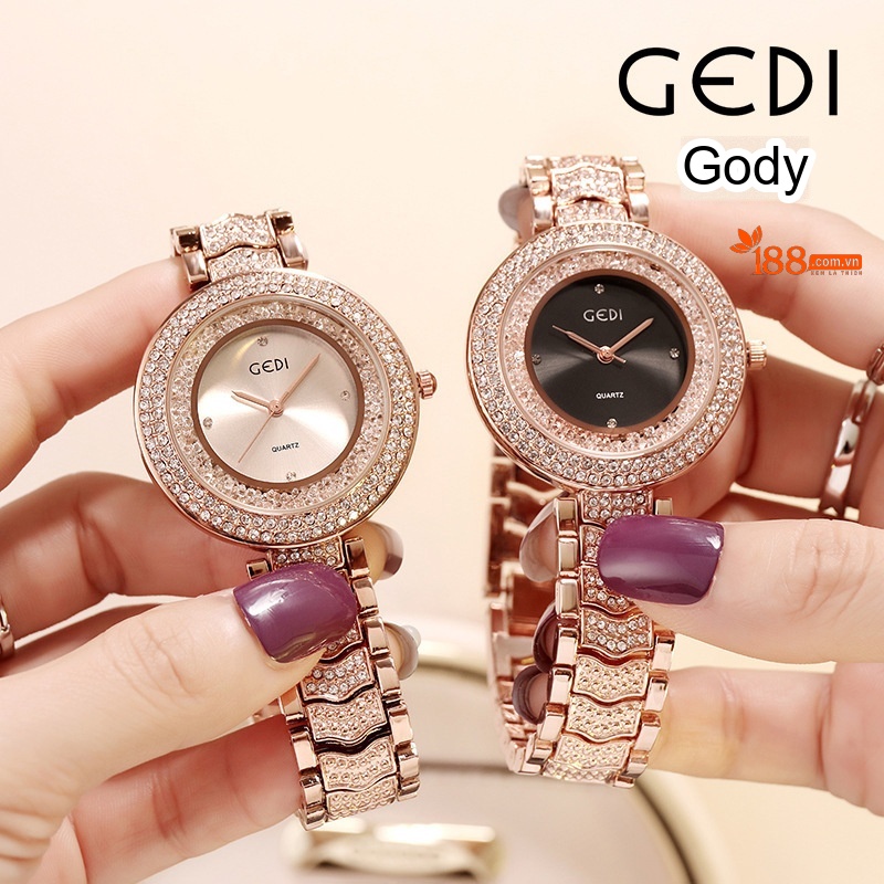Đồng Hồ Nữ GEDI Dây Thép Đính Đá Thời Trang Mặt Tròn Cổ Điển Màu Vàng Hồng, Đen
