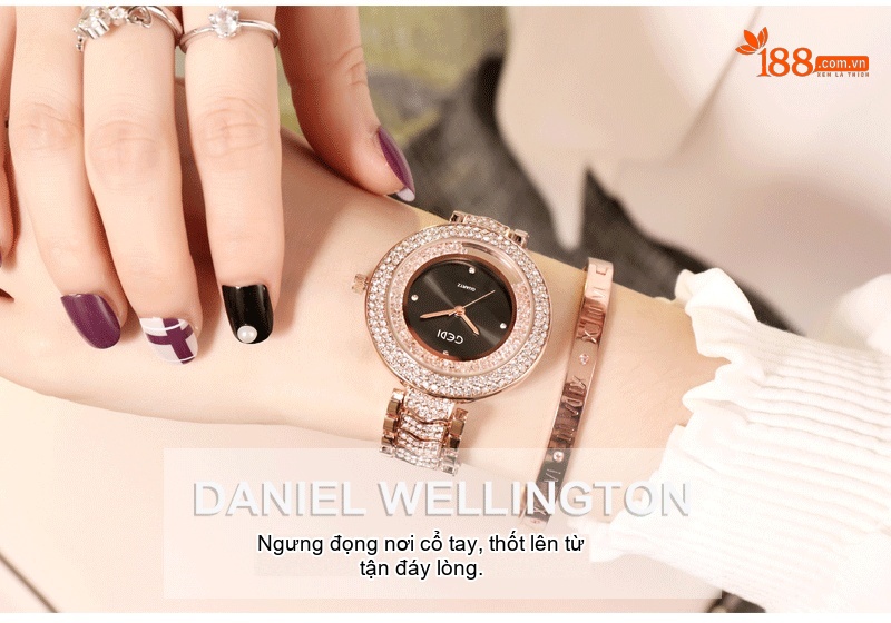 Đồng Hồ Nữ GEDI Dây Thép Đính Đá Thời Trang Mặt Tròn Cổ Điển Màu Vàng Hồng, Đen chi tiết 1