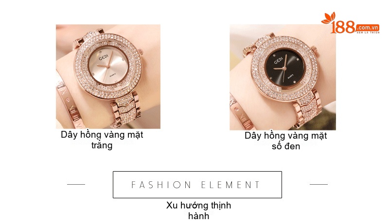 Đồng Hồ Nữ GEDI Dây Thép Đính Đá Thời Trang Mặt Tròn Cổ Điển Màu Vàng Hồng, Đen chi tiết 2