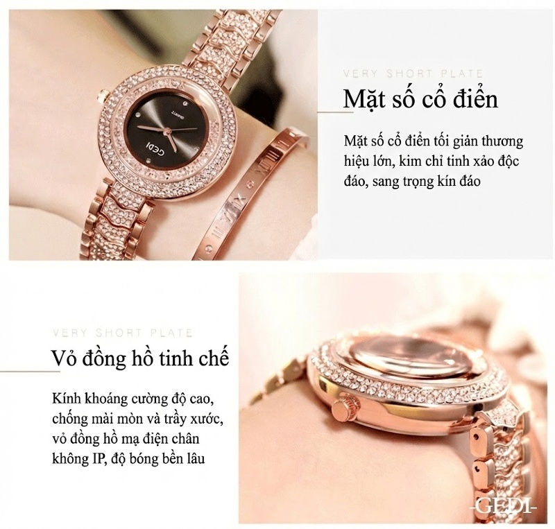 Đồng Hồ Nữ GEDI Dây Thép Đính Đá Thời Trang Mặt Tròn Cổ Điển Màu Vàng Hồng, Đen chi tiết 10