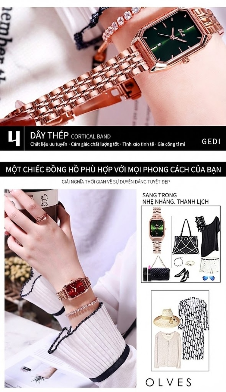 Đồng Hồ Nữ GEDI Dây Thép Mặt Chữ Nhật Thời Trang, Lịch Ngày Màu Đỏ, Đen, Xanh Lá, Trắng... chi tiết 15
