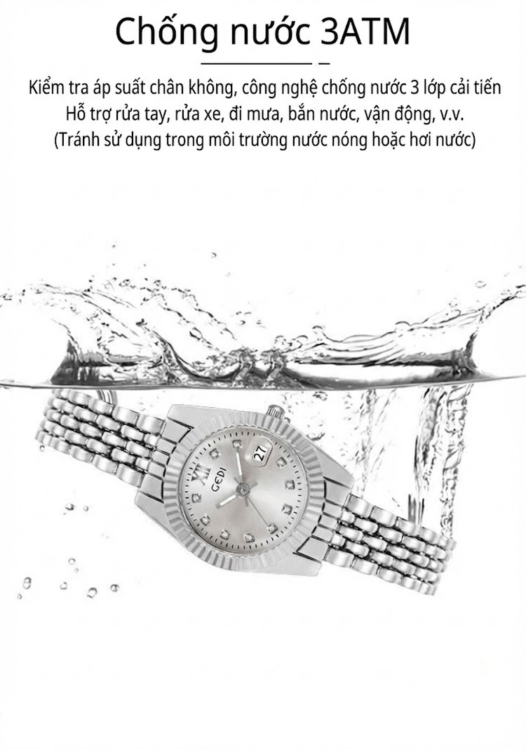 Đồng Hồ Nữ Gedi Dây Thép Mặt Số La Mã Lịch Ngày Chống Nước Phong Cách Doanh Nhân Màu Vàng, Bạc, Xanh Lá, Xám... chi tiết 5