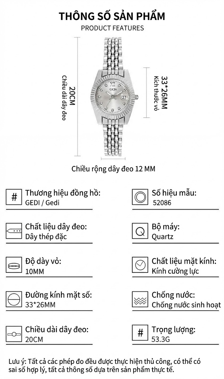 Đồng Hồ Nữ Gedi Dây Thép Mặt Số La Mã Lịch Ngày Chống Nước Phong Cách Doanh Nhân Màu Vàng, Bạc, Xanh Lá, Xám... chi tiết 4
