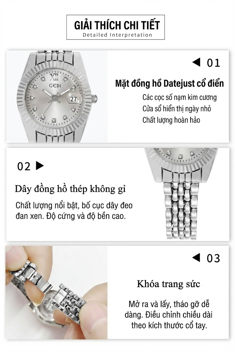 Đồng Hồ Nữ Gedi Dây Thép Mặt Số La Mã Lịch Ngày Chống Nước Phong Cách Doanh Nhân Màu Vàng, Bạc, Xanh Lá, Xám... chi tiết 6