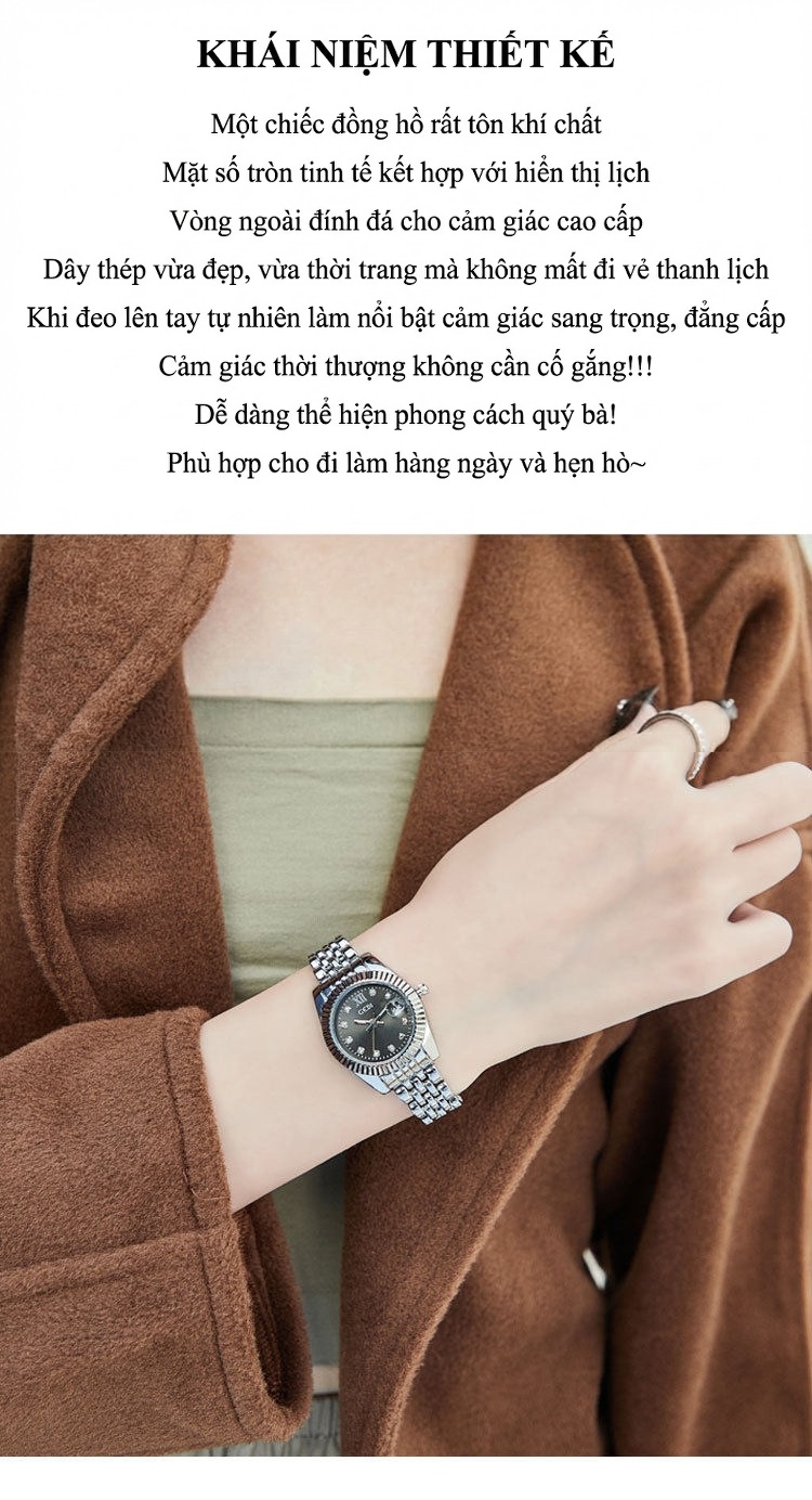 Đồng Hồ Nữ Gedi Dây Thép Mặt Số La Mã Lịch Ngày Chống Nước Phong Cách Doanh Nhân Màu Vàng, Bạc, Xanh Lá, Xám... chi tiết 7