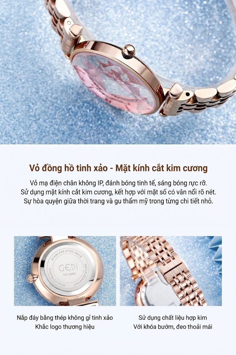 Đồng Hồ Nữ GEDI Dây Thép Thời Trang Mặt Kính Cường Lực Màu Trắng, Xanh Dương, Hồng, Vàng... chi tiết 16