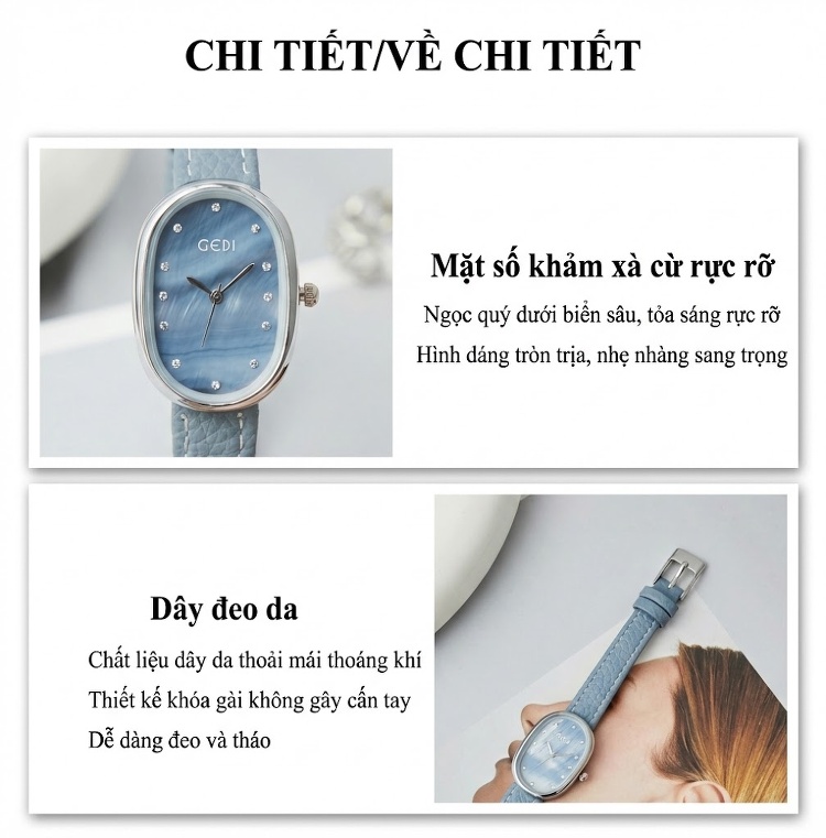 Đồng Hồ Nữ GEDI Mặt Oval Nhỏ Nhắn Chống Nước Dây Da Vân Lychee Màu Xanh Dương, Đen, Vàng, Hồng... chi tiết 13