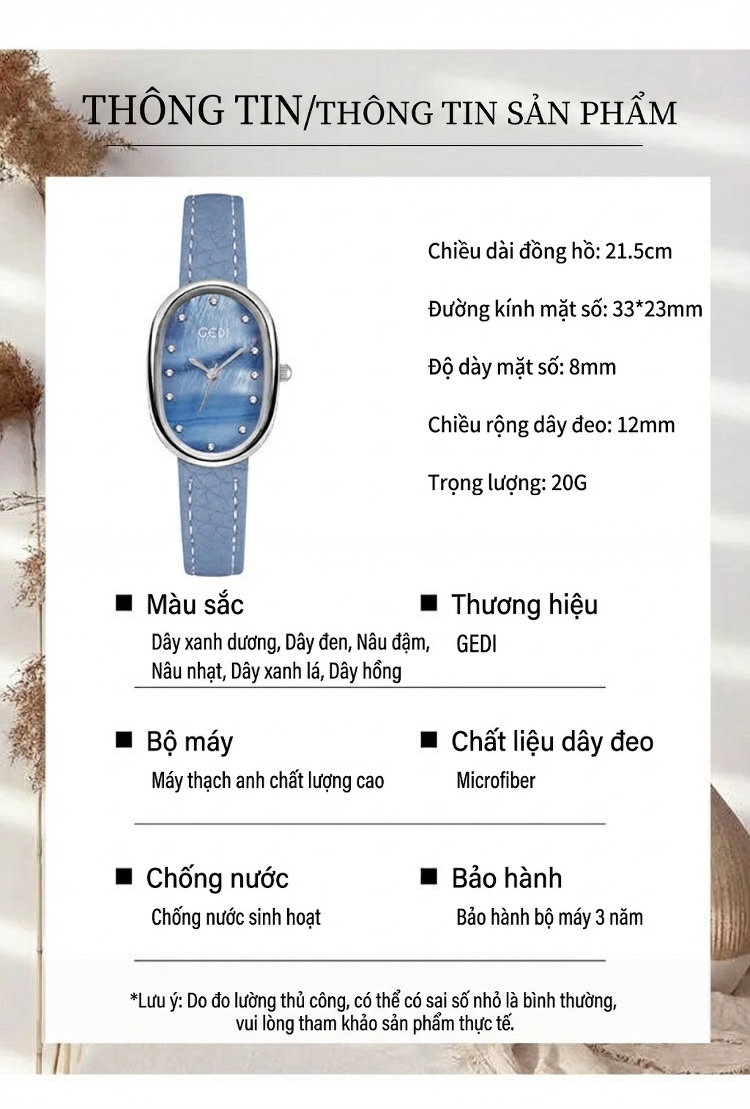 Đồng Hồ Nữ GEDI Mặt Oval Nhỏ Nhắn Chống Nước Dây Da Vân Lychee Màu Xanh Dương, Đen, Vàng, Hồng... chi tiết 12