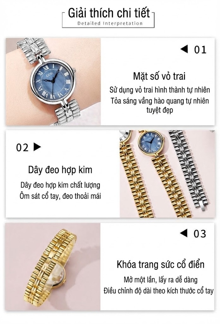 Đồng Hồ Nữ GEDI Mặt Số La Mã Chống Nước Phong Cách Vintage Màu Xanh, Vàng, Bạc, Trắng... chi tiết 7