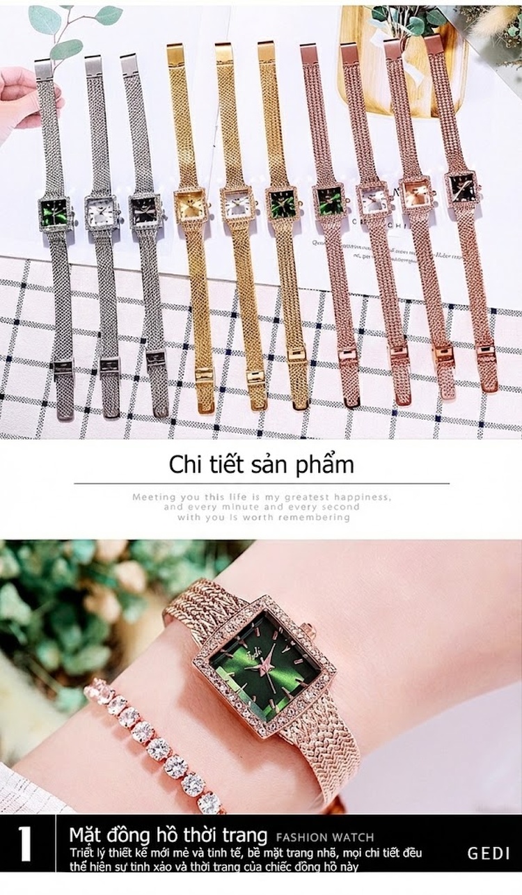Đồng Hồ Nữ GEDI Mặt Vuông Cổ Điển Viền Đá Sang Trọng chi tiết 15