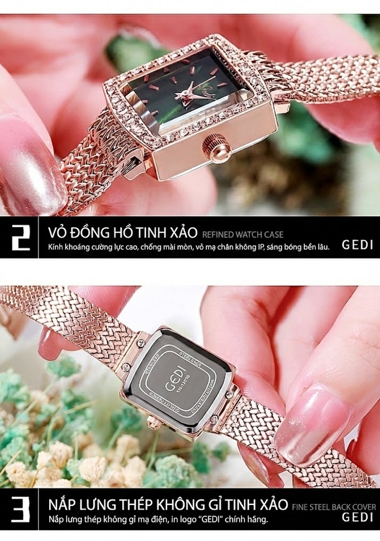 Đồng Hồ Nữ GEDI Mặt Vuông Cổ Điển Viền Đá Sang Trọng chi tiết 16