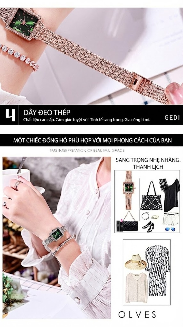 Đồng Hồ Nữ GEDI Mặt Vuông Cổ Điển Viền Đá Sang Trọng chi tiết 17
