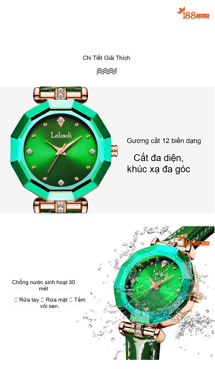 Đồng Hồ Nữ Labaoli Dây Da Bóng Mặt Đá Thạch Anh Chống Nước Phong Cách Ins Màu Xanh Lá chi tiết 9