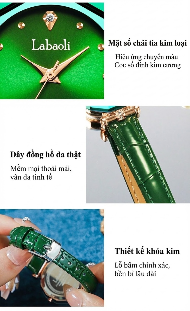 Đồng Hồ Nữ Labaoli Dây Da Bóng Mặt Đá Thạch Anh Chống Nước Phong Cách Ins Màu Xanh Lá chi tiết 10