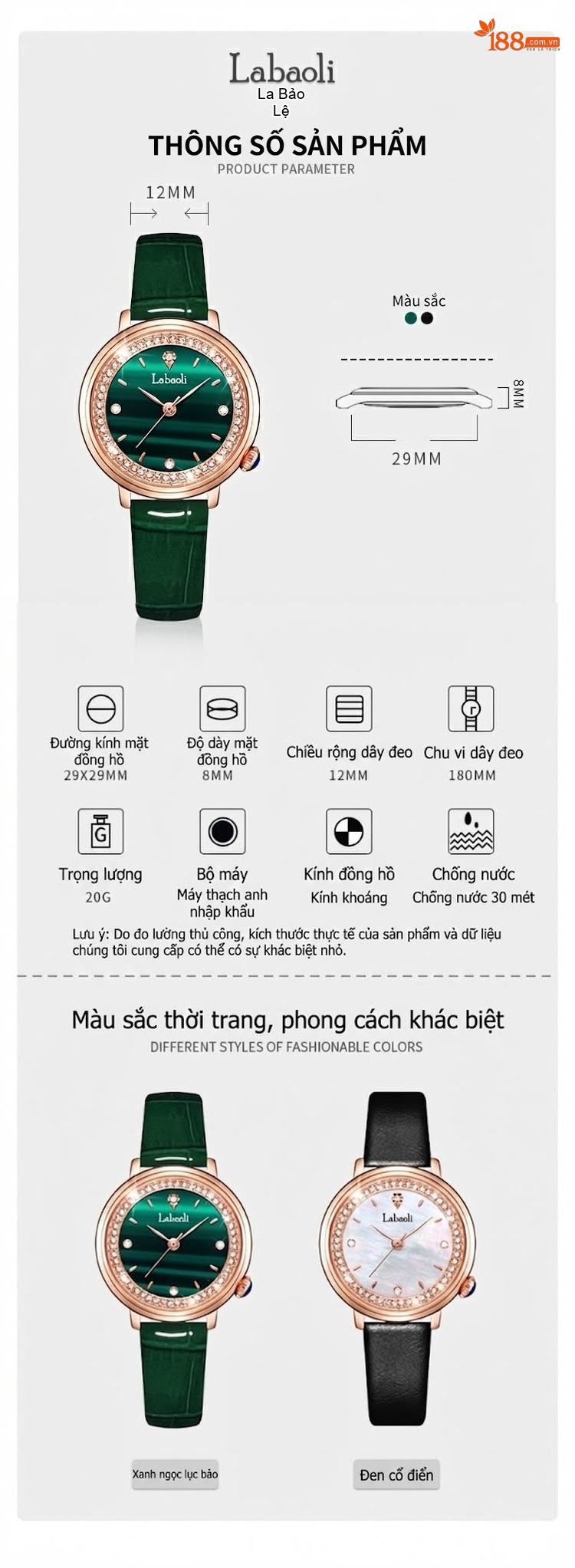 Đồng Hồ Nữ Labaoli Dây Da Thật Mặt Đính Đá Sang Trọng Màu Xanh Lá, Đen chi tiết 12