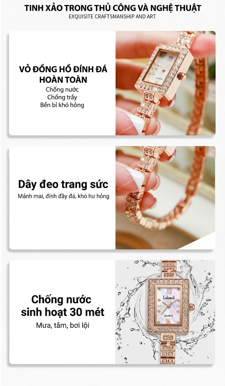 Đồng Hồ Nữ Labaoli Dây Kim Loại Mặt Vuông Đính Đá Màu Trắng, Xanh, Đỏ, Vàng Đồng... chi tiết 8
