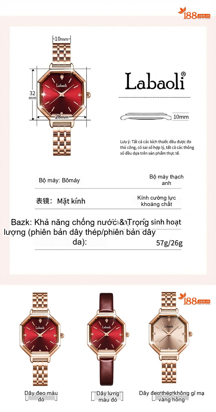 Đồng Hồ Nữ Labaoli Dây Thép Đa Giác LA045 Màu Hồng, Đỏ chi tiết 9
