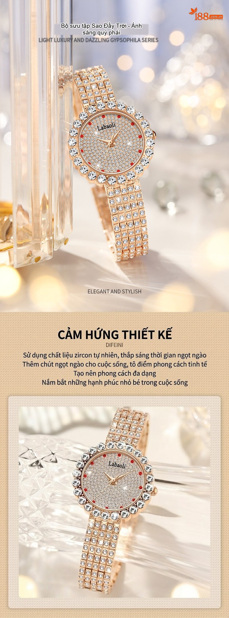 Đồng Hồ Nữ Labaoli Đính Đá Chống Nước Thời Trang Màu Vàng Hồng, Bạc chi tiết 2