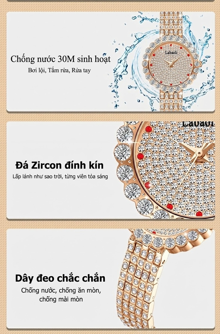 Đồng Hồ Nữ Labaoli Đính Đá Chống Nước Thời Trang Màu Vàng Hồng, Bạc chi tiết 3