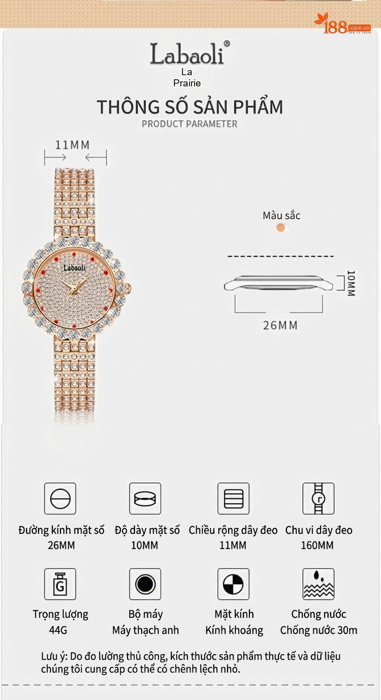 Đồng Hồ Nữ Labaoli Đính Đá Chống Nước Thời Trang Màu Vàng Hồng, Bạc chi tiết 5