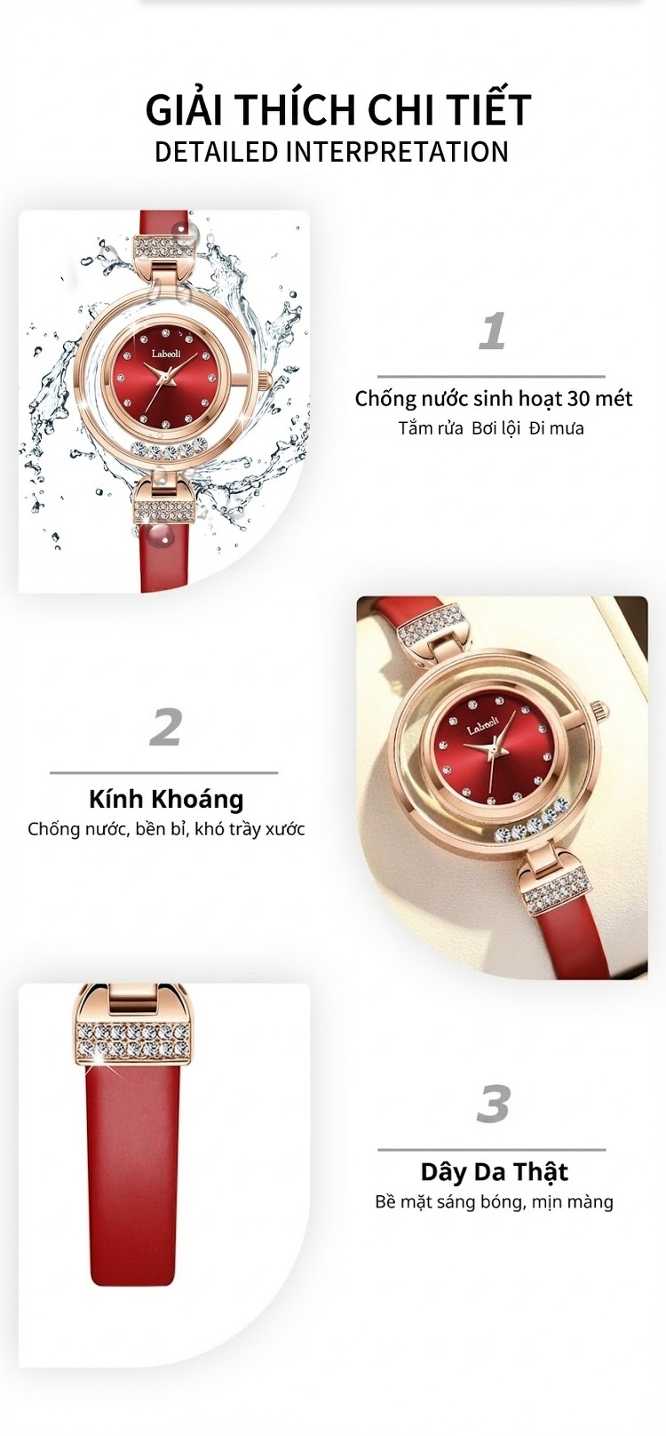 Đồng Hồ Nữ Labaoli Mặt Khổng Tước Malachite Lộ Máy Chống Nước Màu Đen, Đỏ, Xanh Lá chi tiết 5