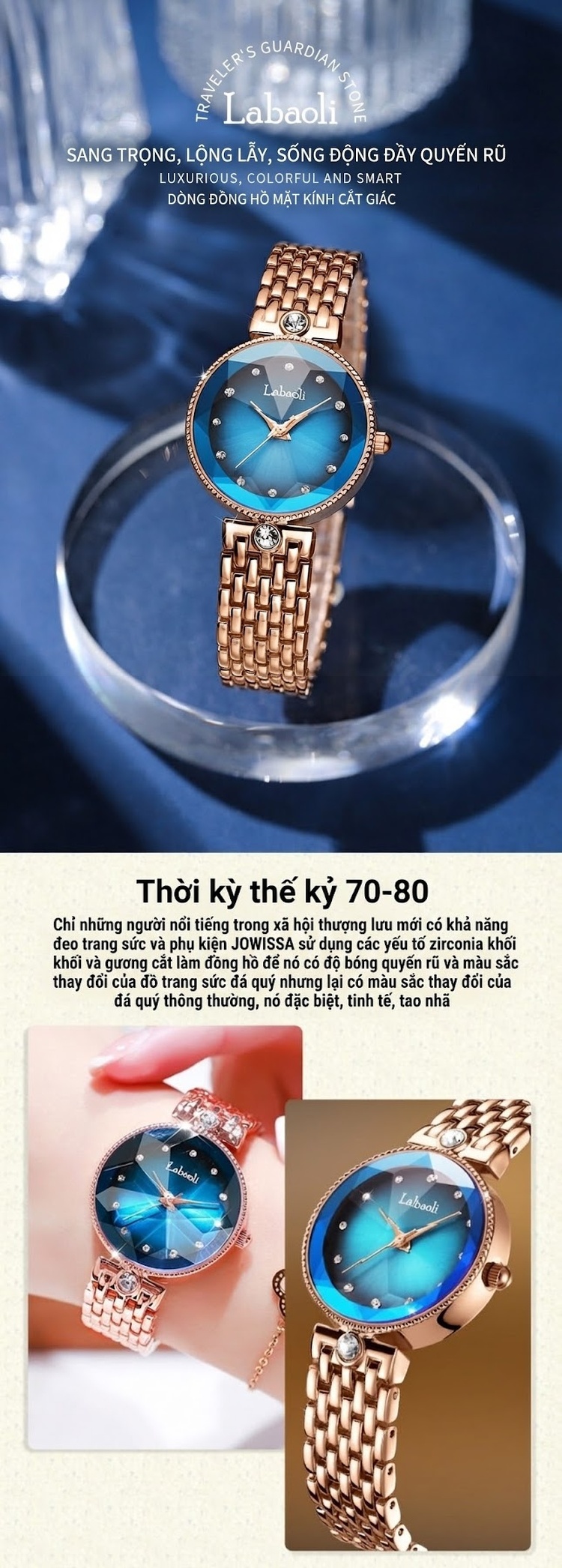 Đồng Hồ Nữ Labaoli Mặt Kính Hoa Văn Viền Ren Chống Nước Quartz Màu Xanh Dương, Xanh Lá, Vàng Đồng chi tiết 2
