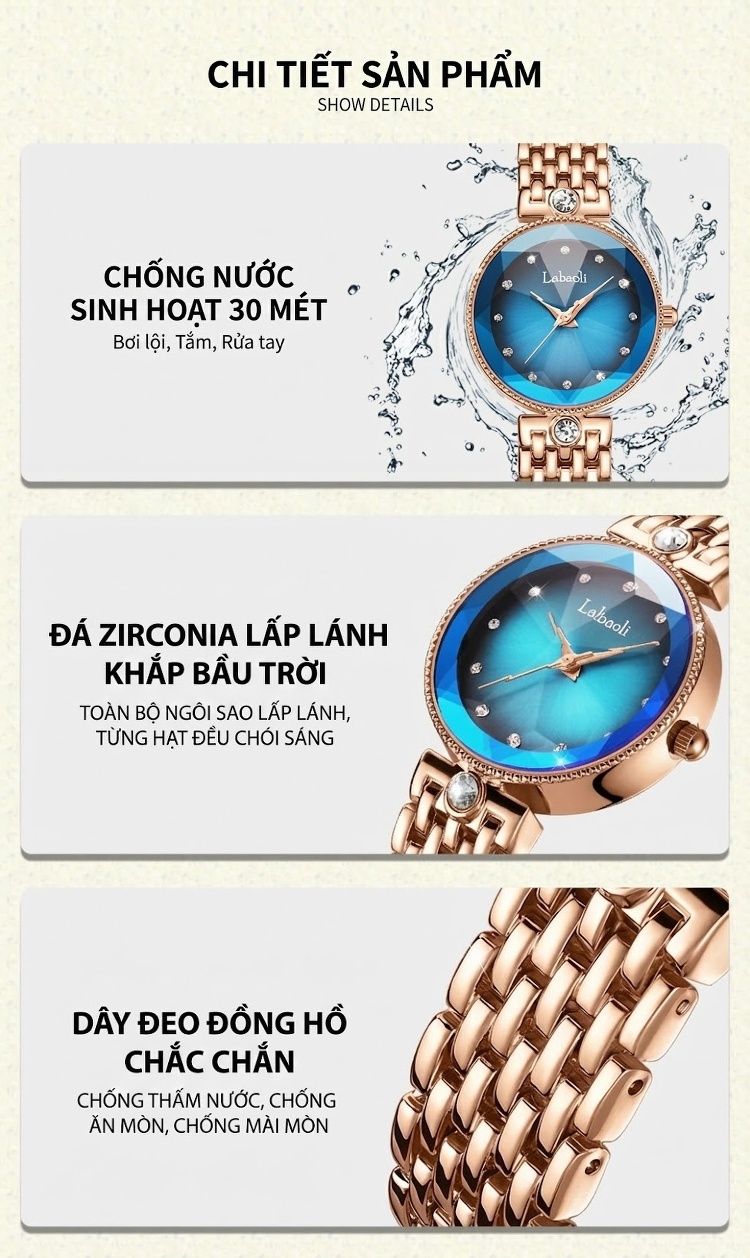 Đồng Hồ Nữ Labaoli Mặt Kính Hoa Văn Viền Ren Chống Nước Quartz Màu Xanh Dương, Xanh Lá, Vàng Đồng chi tiết 8