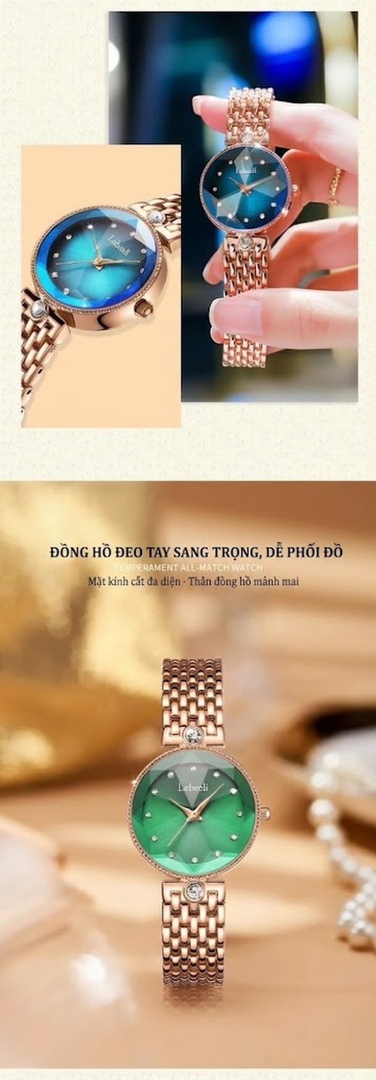 Đồng Hồ Nữ Labaoli Mặt Kính Hoa Văn Viền Ren Chống Nước Quartz Màu Xanh Dương, Xanh Lá, Vàng Đồng chi tiết 4