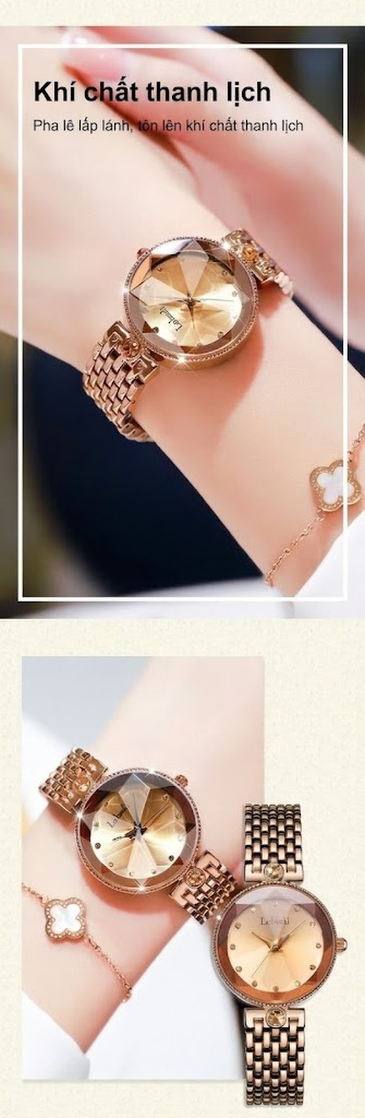 Đồng Hồ Nữ Labaoli Mặt Kính Hoa Văn Viền Ren Chống Nước Quartz Màu Xanh Dương, Xanh Lá, Vàng Đồng chi tiết 7