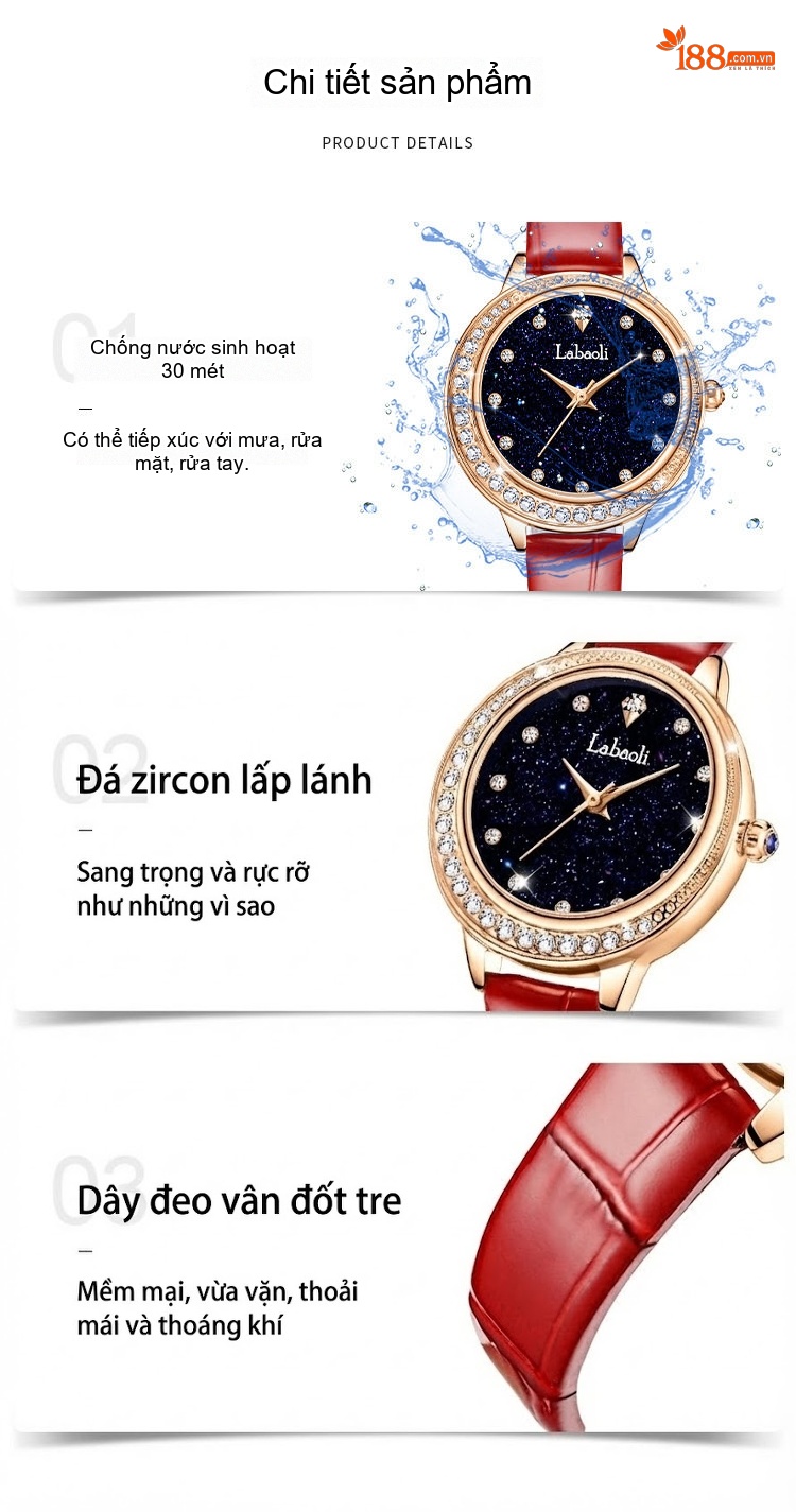 Đồng Hồ Nữ Labaoli Mặt Số Galaxy Đính Đá Thời Trang Dây Da Màu Đỏ, Đen chi tiết 4