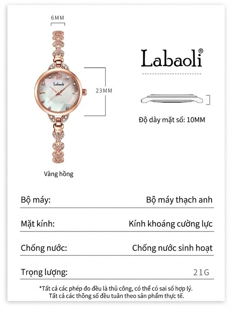 Đồng Hồ Nữ Labaoli Mặt Tròn Đính Đá Thời Trang Chống Nước LA062 chi tiết 6