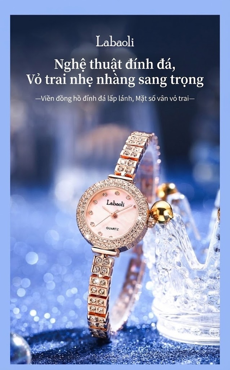 Đồng Hồ Nữ Labaoli Mặt Tròn Nhỏ Dây Kim Loại Đính Đá Màu Vàng Hồng, Trắng chi tiết 2