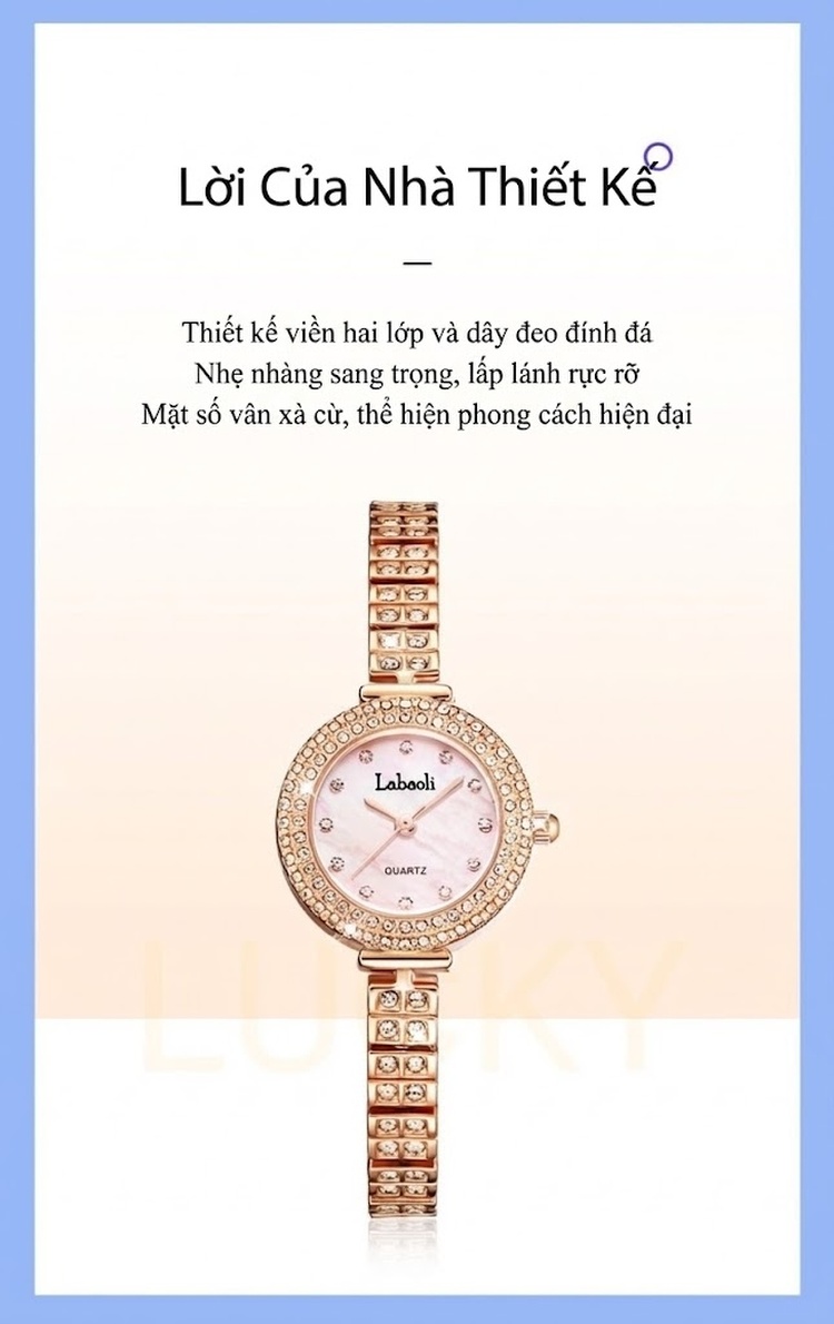 Đồng Hồ Nữ Labaoli Mặt Tròn Nhỏ Dây Kim Loại Đính Đá Màu Vàng Hồng, Trắng chi tiết 3
