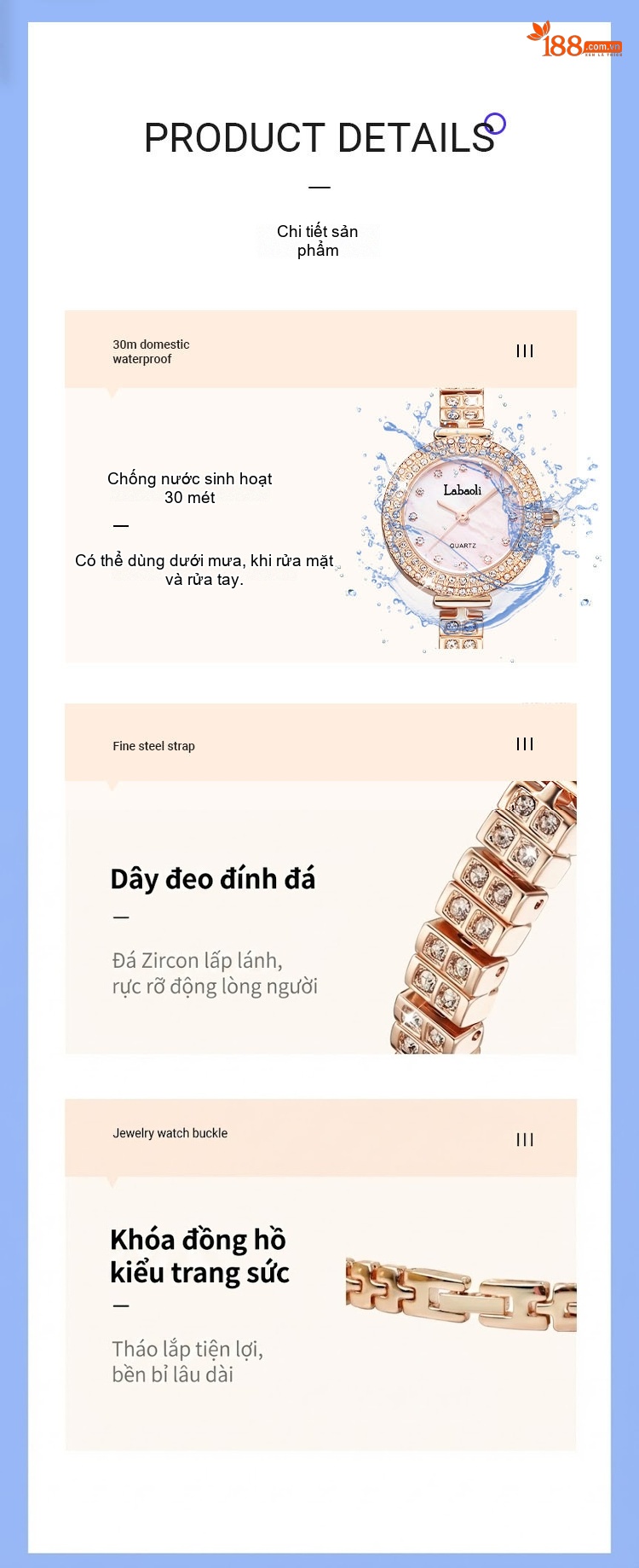 Đồng Hồ Nữ Labaoli Mặt Tròn Nhỏ Dây Kim Loại Đính Đá Màu Vàng Hồng, Trắng chi tiết 7