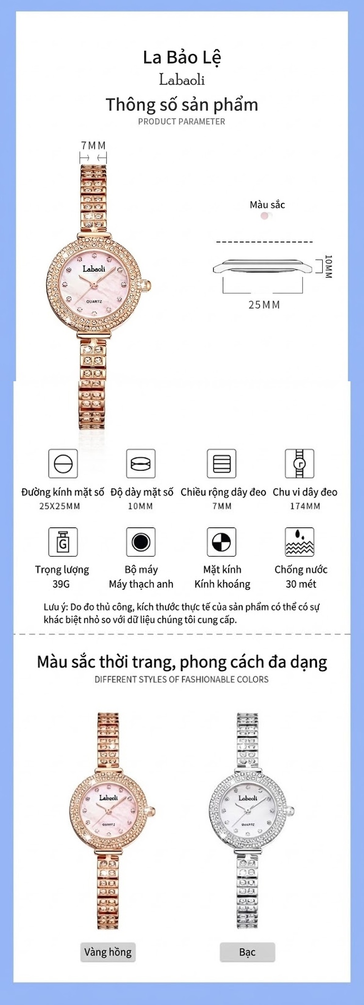 Đồng Hồ Nữ Labaoli Mặt Tròn Nhỏ Dây Kim Loại Đính Đá Màu Vàng Hồng, Trắng chi tiết 10