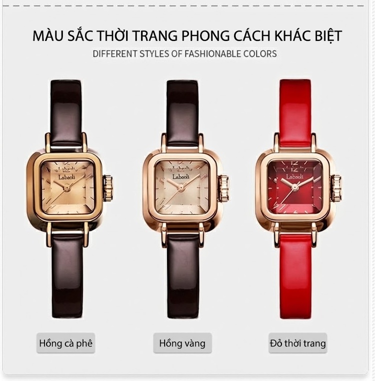 Đồng Hồ Nữ Labaoli Mặt Vuông Viền Kim Cương Giả Dây Da Bóng Thời Trang Màu Đỏ, Nâu, Vàng Kem... chi tiết 7