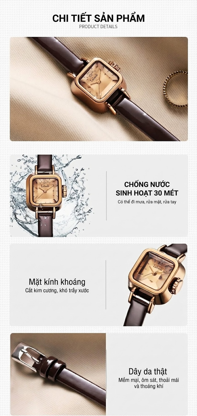 Đồng Hồ Nữ Labaoli Mặt Vuông Viền Kim Cương Giả Dây Da Bóng Thời Trang Màu Đỏ, Nâu, Vàng Kem... chi tiết 4
