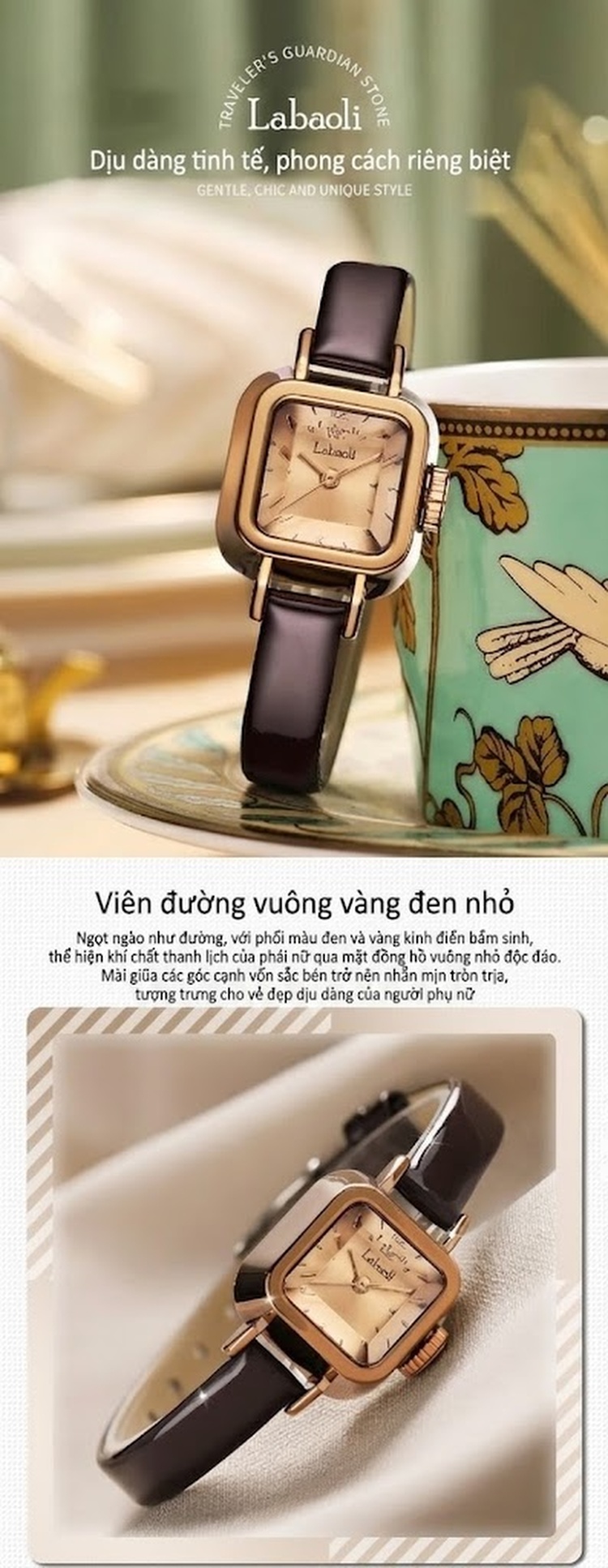 Đồng Hồ Nữ Labaoli Mặt Vuông Viền Kim Cương Giả Dây Da Bóng Thời Trang Màu Đỏ, Nâu, Vàng Kem... chi tiết 2