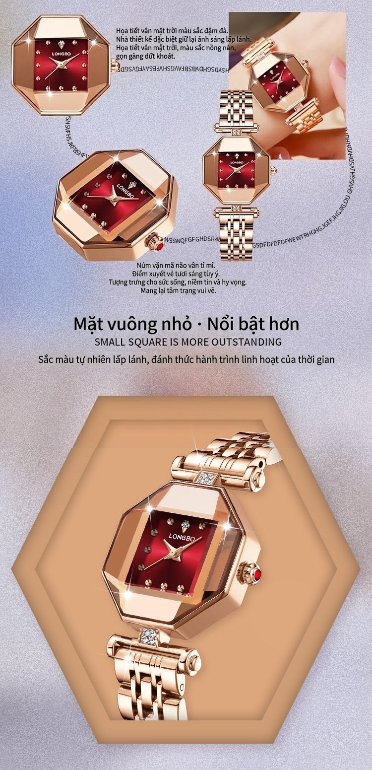 Đồng Hồ Nữ Longbo Mặt Vuông Nhỏ Dây Kim Loại Phong Cách Tối Giản Màu Vàng Hồng, Đỏ, Tím, Trắng... chi tiết 2