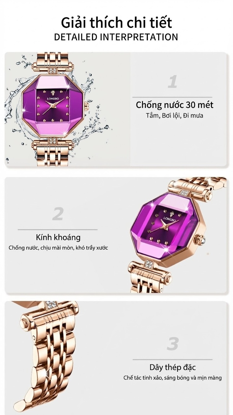 Đồng Hồ Nữ Longbo Mặt Vuông Nhỏ Dây Kim Loại Phong Cách Tối Giản Màu Vàng Hồng, Đỏ, Tím, Trắng... chi tiết 10
